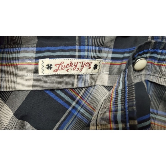 Lucky Brand Western Shirt  Pearl Snap Mens Extra Large Black White Blue Plaid - Picture 3 of 7